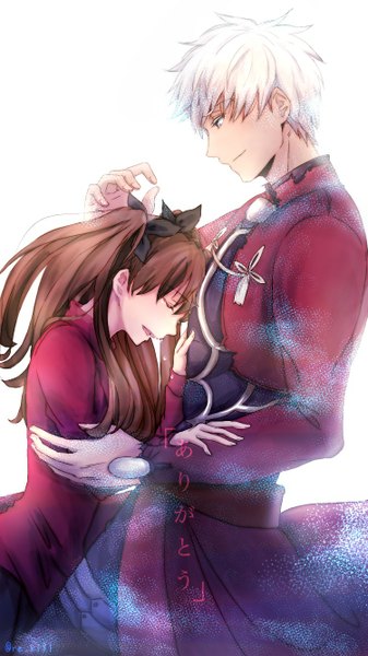 Anime picture 750x1334 with fate (series) fate/stay night type-moon toosaka rin archer (fate) saamon (dream81come) long hair tall image short hair open mouth simple background brown hair white background twintails white hair eyes closed profile light smile grey eyes hug