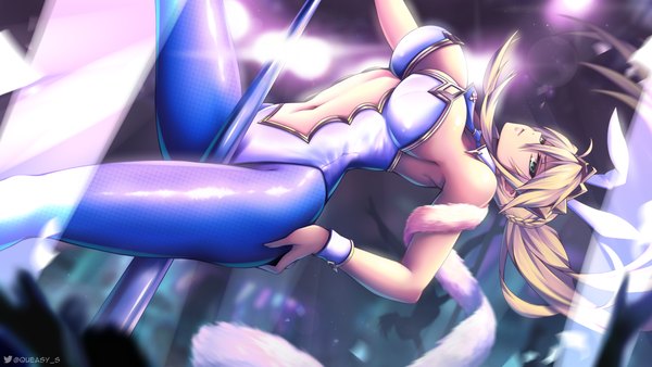 Anime picture 1920x1080 with fate (series) fate/grand order artoria pendragon (all) artoria pendragon (swimsuit ruler) (fate) queasy s long hair looking at viewer fringe highres breasts light erotic blonde hair hair between eyes wide image large breasts green eyes signed animal ears payot cleavage