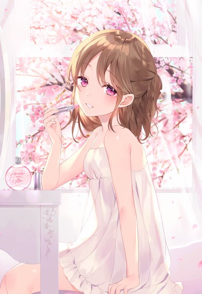 Anime picture 689x1000 with original achiki single long hair tall image looking at viewer blush fringe brown hair sitting bare shoulders holding indoors parted lips head tilt pink eyes sleeveless cherry blossoms half updo spring