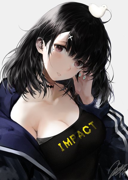 Anime picture 858x1200 with original iori (cpeilad) single tall image looking at viewer blush fringe short hair breasts light erotic black hair simple background smile hair between eyes large breasts brown eyes signed cleavage upper body long sleeves