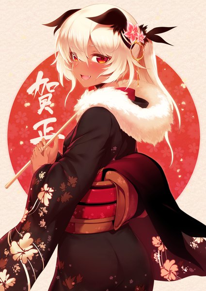 Anime-Bild 1254x1771 mit tanaka the wizard rocoroco mdastarou single long hair tall image looking at viewer blush fringe open mouth hair between eyes red eyes animal ears white hair traditional clothes japanese clothes fang (fangs) fur trim floral print girl