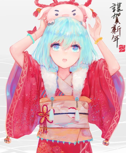 Anime picture 871x1052 with original kisei2 single tall image blush fringe short hair open mouth simple background hair between eyes standing signed traditional clothes japanese clothes aqua eyes aqua hair grey background wide sleeves arms up :o