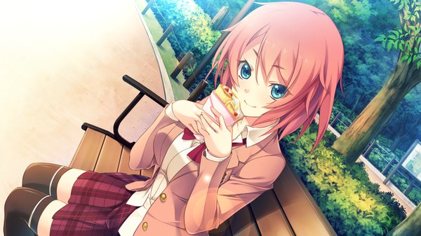 Anime picture 1280x720 with innocent bullet kanzaki sayaka (innocent bullet) single blush short hair blue eyes smile wide image sitting game cg red hair girl thighhighs skirt uniform black thighhighs plant (plants) school uniform tree (trees) bench