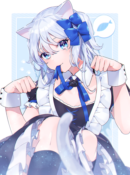 Anime picture 1000x1348 with original peta (snc7) single tall image looking at viewer fringe short hair blue eyes hair between eyes sitting holding animal ears silver hair tail animal tail cat ears maid cat girl cat tail mouth hold