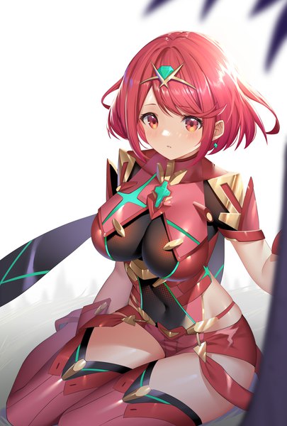 Anime picture 2700x4000 with xenoblade xenoblade 2 pyra (xenoblade) roi (liu tian) single tall image highres short hair breasts light erotic red eyes large breasts sitting looking away red hair from above covered navel yokozuwari girl earrings