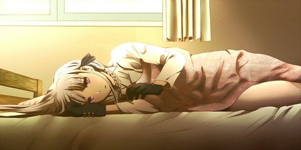 Anime picture 1000x499 with dangan ronpa kirigiri kyouko hayashittedare single fringe wide image purple eyes purple hair indoors lying braid (braids) single braid on side side braid girl gloves ribbon (ribbons) hair ribbon shirt black gloves