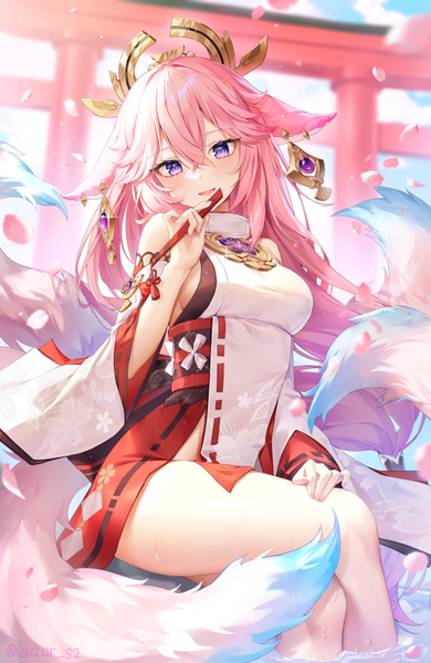 Anime picture 780x1200 with genshin impact yae miko shubee (acco) single long hair tall image blush fringe breasts open mouth light erotic smile hair between eyes large breasts sitting purple eyes bare shoulders animal ears pink hair sky