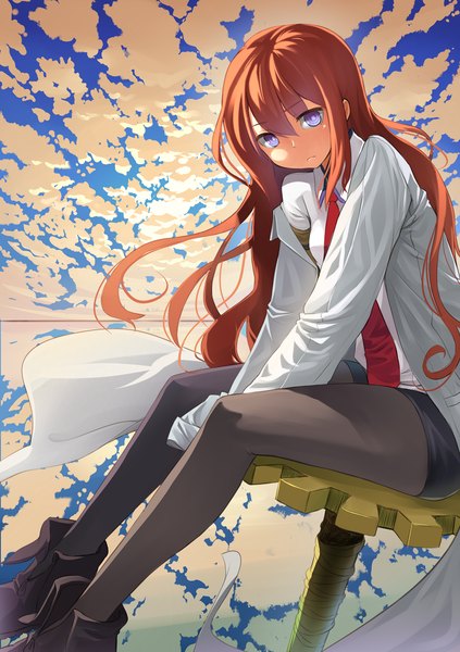 Anime picture 1000x1418 with steins;gate white fox makise kurisu fkey single long hair tall image looking at viewer brown hair sitting purple eyes sky cloud (clouds) sad girl pantyhose necktie shorts gears labcoat