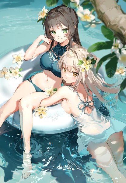 Anime picture 1879x2720 with original anmi long hair tall image looking at viewer fringe highres breasts open mouth light erotic black hair blonde hair smile multiple girls green eyes yellow eyes outdoors blunt bangs barefoot hair flower