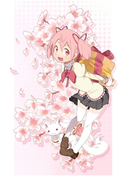 Anime picture 720x1000 with mahou shoujo madoka magica shaft (studio) kaname madoka kyuubee yuuzii single tall image blush short hair open mouth twintails pink hair :d pink eyes zettai ryouiki cherry blossoms short twintails hands behind back girl thighhighs
