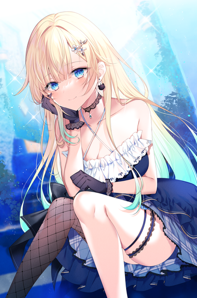 Anime picture 1000x1511 with virtual youtuber vspo! aizawa ema myusha single long hair tall image looking at viewer blush fringe breasts blue eyes blonde hair smile sitting bare shoulders bent knee (knees) sparkle gradient hair head rest