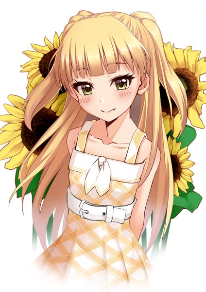 Anime picture 2066x2923 with idolmaster idolmaster cinderella girls jougasaki rika takamiya nao single long hair tall image looking at viewer blush fringe highres blonde hair white background yellow eyes blunt bangs fang (fangs) two side up hands behind back girl dress