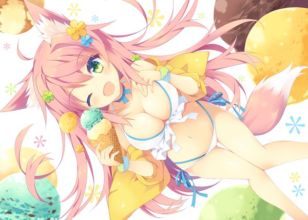 Anime picture 1399x1000 with original nibiiro shizuka single long hair looking at viewer blush breasts open mouth light erotic large breasts green eyes animal ears pink hair cleavage tail animal tail one eye closed wink fox ears fox tail