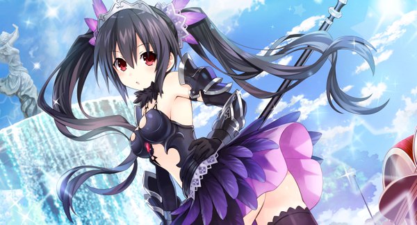 Anime picture 5564x3014 with choujigen game neptune noire tsunako single long hair looking at viewer fringe highres breasts light erotic black hair hair between eyes red eyes wide image large breasts twintails absurdres game cg sky cloud (clouds)