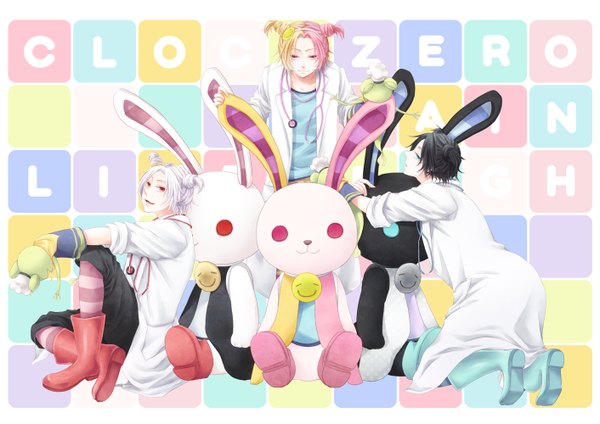 Anime picture 1412x1000 with clock zero idea factory rook (clock zero) short hair black hair blonde hair red eyes sitting twintails pink hair white hair multicolored hair aqua eyes from behind inscription multiple boys kneeling crossed legs back short twintails