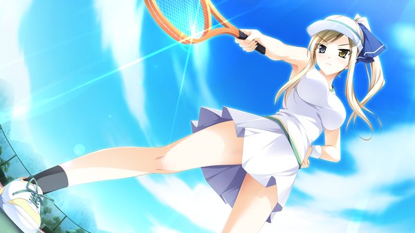 Anime picture 2560x1440 with otome ga tsumugu koi no canvas shishidou chiharu flamsteed kimishima ao long hair highres blonde hair wide image game cg ponytail heterochromia girl uniform gym uniform tennis uniform tennis racket