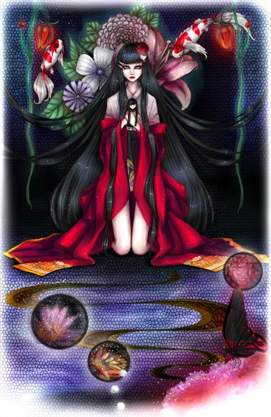 Anime picture 1141x1752 with vocaloid hatsune miku single long hair tall image looking at viewer black hair very long hair traditional clothes japanese clothes hair flower lips kneeling eyeshadow girl hair ornament flower (flowers) kimono hairclip insect