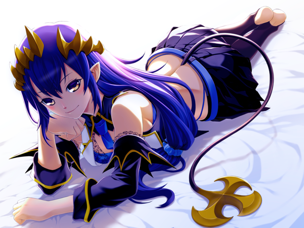 Anime picture 1200x900 with virtual youtuber honey strap shimamura charlotte fenrir (fenlil0316) single long hair looking at viewer blush fringe smile hair between eyes yellow eyes blue hair full body tail lying pleated skirt pointy ears midriff low ponytail