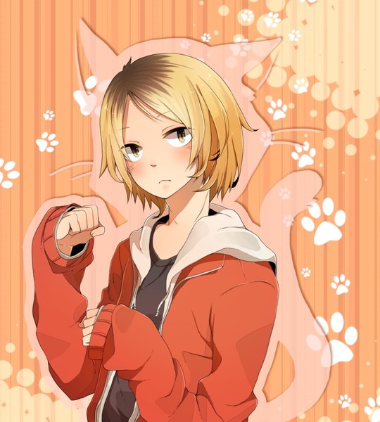 Anime picture 900x1000 with haikyuu!! production i.g kozume kenma raichi (28bit!!) single tall image looking at viewer blush short hair blonde hair brown eyes animal ears upper body tail animal tail cat ears cat tail paw pose cute paw print