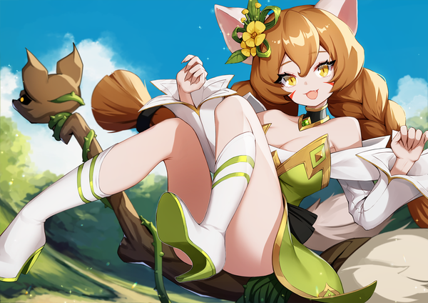 Anime picture 2400x1697 with idle heroes elyvia (idle heroes) ango single long hair looking at viewer fringe highres breasts open mouth light erotic smile hair between eyes brown hair large breasts bare shoulders animal ears yellow eyes payot sky