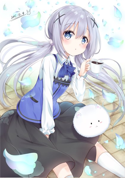 Anime picture 1618x2307 with gochuumon wa usagi desu ka? white fox kafuu chino tippy (gochiusa) karumayu single long hair tall image blush blue eyes sitting twintails silver hair from above wind :o low twintails dated looking up girl