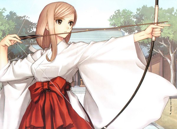Anime picture 1662x1217 with shining (series) shining tears shining wind touka kureha tony taka single long hair blonde hair brown eyes looking away traditional clothes japanese clothes scan outstretched arm miko archery girl weapon bow (weapon) arrow (arrows)