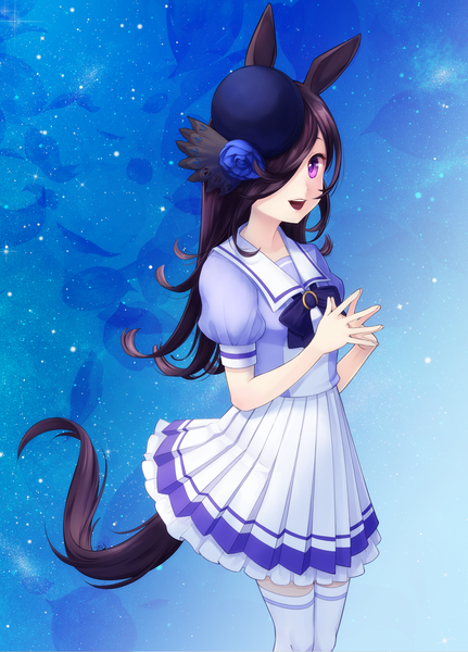 Anime picture 1904x2652 with umamusume rice shower (umamusume) takatsuki kahiro single long hair tall image looking at viewer fringe highres open mouth brown hair standing purple eyes animal ears tail :d animal tail pleated skirt hair flower hair over one eye