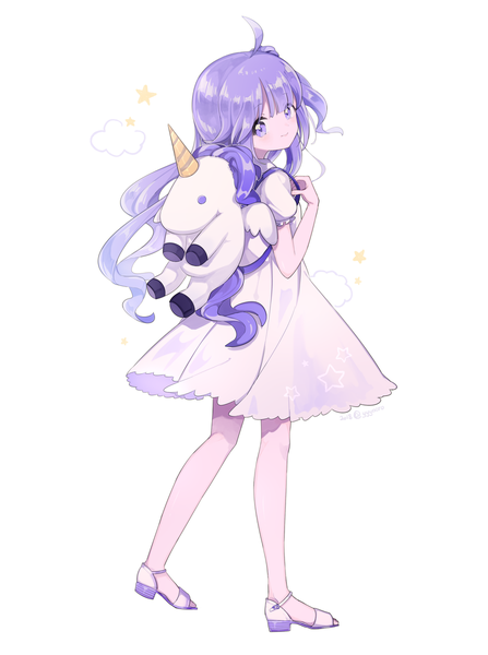 Anime picture 894x1200 with azur lane unicorn (azur lane) captain yue single long hair tall image looking at viewer fringe simple background white background purple eyes purple hair full body ahoge light smile one side up girl dress white dress backpack