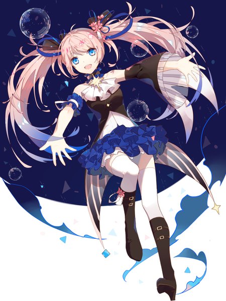 Anime picture 1000x1333 with original fre single long hair tall image looking at viewer fringe open mouth blue eyes hair between eyes twintails payot pink hair full body :d zettai ryouiki spread arms frilly skirt girl thighhighs