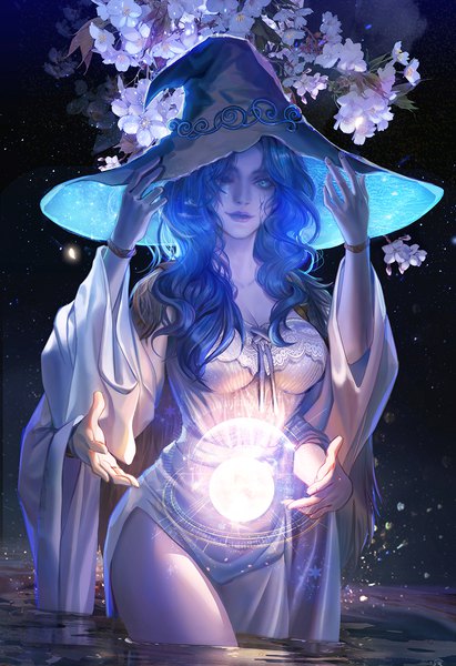 Anime picture 975x1425 with elden ring ranni the witch jiuge single long hair tall image looking at viewer fringe blue eyes light erotic blue hair one eye closed realistic wide sleeves partially submerged adjusting hair witch extra arms girl flower (flowers)