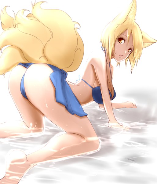 Anime picture 1200x1400 with touhou yakumo ran dearmybrothers single tall image fringe short hair breasts light erotic blonde hair animal ears ass tail animal tail barefoot bare legs orange eyes fox ears fox tail cameltoe