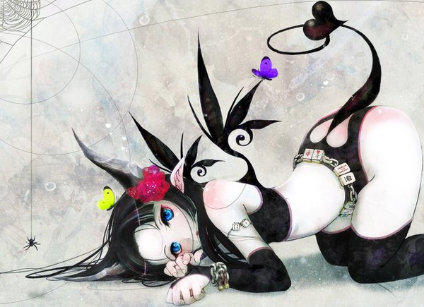 Anime picture 1352x981 with funakura blue eyes light erotic black hair bare shoulders tail hair flower horn (horns) pointy ears grey background girl thighhighs hair ornament black thighhighs wings insect butterfly chain spider web dice