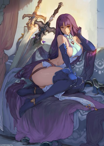 Anime picture 4561x6400 with fire emblem fire emblem heroes fire emblem: radiant dawn nintendo altina (fire emblem) cutesexyrobutts single long hair tall image looking at viewer fringe highres breasts blue eyes light erotic large breasts sitting bare shoulders signed absurdres