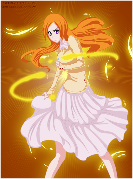 Anime picture 1151x1546 with bleach studio pierrot inoue orihime xset single long hair tall image purple eyes orange hair coloring magic light girl dress