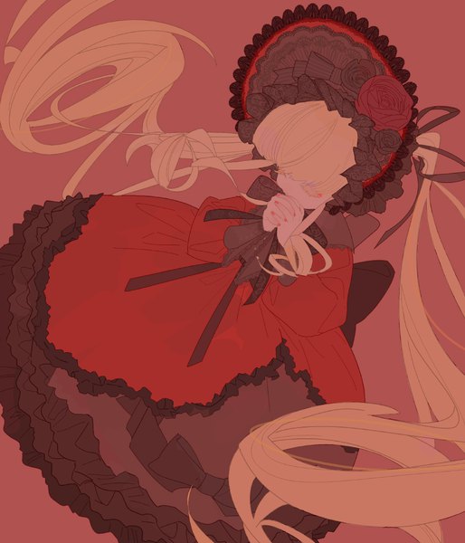 Anime picture 1000x1167 with rozen maiden shinku moca (p0ckylo) single tall image fringe simple background blonde hair twintails payot full body eyes closed long sleeves very long hair nail polish from above floating hair drill hair red background eyeshadow