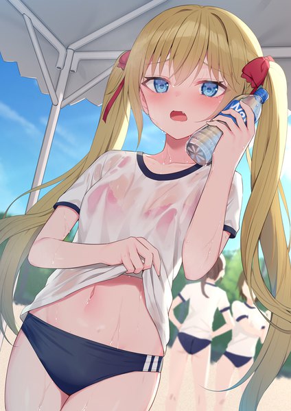 Anime-Bild 707x1000 mit original moe2022 alexmaster long hair tall image blush open mouth blue eyes light erotic blonde hair standing twintails multiple girls outdoors sweat solo focus wet clothes girl navel bow