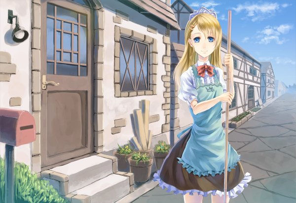 Anime picture 1200x824 with original paseri long hair blue eyes blonde hair street girl bow apron tiara lamp broom house door