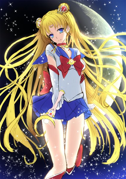 Anime picture 778x1100 with bishoujo senshi sailor moon toei animation tsukino usagi sailor moon toshi (1-147) single tall image looking at viewer blue eyes blonde hair twintails very long hair hair bun (hair buns) wavy hair girl skirt gloves hair ornament white gloves moon