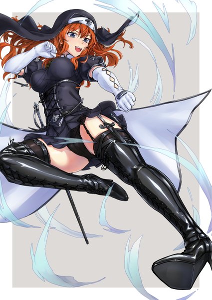 Anime picture 1075x1518 with original battle sister b (tori@gununu) tori@gununu single long hair tall image blush open mouth light erotic looking away black eyes orange hair girl thighhighs dress gloves underwear panties black thighhighs elbow gloves