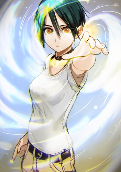 Anime picture 2480x3508 with original okuto single tall image looking at viewer fringe highres short hair breasts open mouth hair between eyes standing green hair :o orange eyes magic outstretched hand girl choker belt