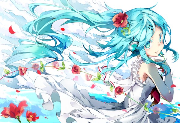 Anime picture 1700x1170 with jubeat rooseputo 02 single looking at viewer blush simple background white background very long hair aqua eyes aqua hair one side up girl dress flower (flowers) petals headphones sundress