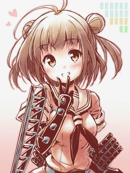 Anime picture 750x1000 with kantai collection naka light cruiser kibushi single tall image looking at viewer blush fringe short hair breasts open mouth simple background smile brown hair yellow eyes ahoge hair bun (hair buns) victory arm behind back girl