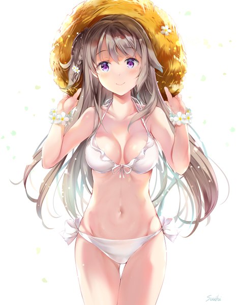 Anime picture 621x800 with original suihi single long hair tall image looking at viewer blush fringe breasts light erotic simple background smile hair between eyes brown hair standing white background purple eyes bare shoulders holding signed