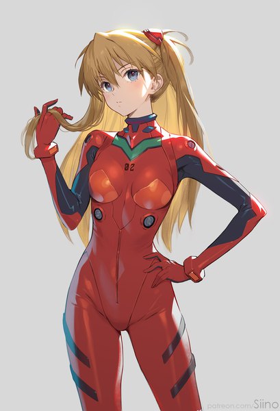 Anime picture 1200x1762 with neon genesis evangelion gainax soryu asuka langley siino single long hair tall image fringe blue eyes simple background blonde hair hair between eyes standing signed payot looking away head tilt grey background two side up hand on hip