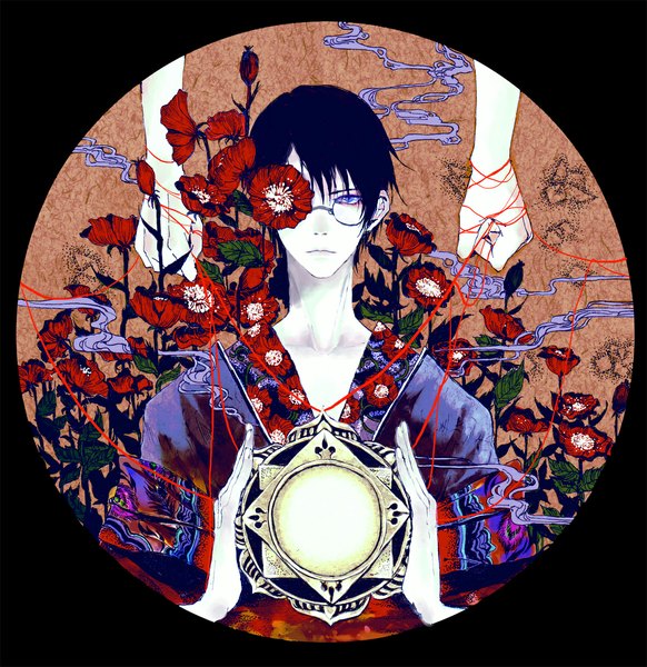Anime picture 1130x1164 with xxxholic clamp watanuki kimihiro bwatermark tall image looking at viewer short hair blue eyes black hair traditional clothes japanese clothes smoke framed boy flower (flowers) glasses kimono hands thread red thread