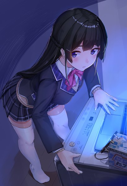 Anime picture 2789x4092 with virtual youtuber nijisanji tsukino mito akasaai single long hair tall image looking at viewer blush fringe highres breasts blue eyes black hair hair between eyes standing payot indoors pleated skirt fingernails