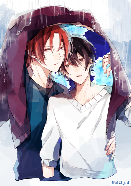 Anime picture 1269x1801 with tsukiuta uduki arata haduki you utkt tall image looking at viewer fringe short hair hair between eyes brown hair purple eyes brown eyes signed upper body outdoors red hair parted lips head tilt multiple boys couple