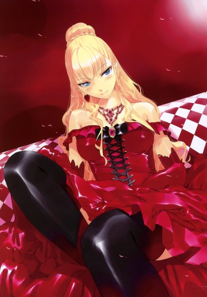 Anime picture 2103x3008 with alice in wonderland queen of hearts ueda ryou single long hair tall image looking at viewer blush highres blue eyes blonde hair smile sitting rhombus girl thighhighs dress gloves ribbon (ribbons) black thighhighs