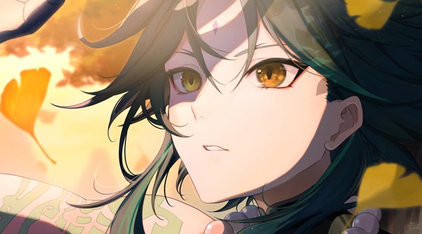 Anime picture 3876x2148 with genshin impact xiao (genshin impact) kinaco 4738 single highres black hair wide image yellow eyes looking away absurdres tattoo close-up shaded face face autumn boy leaf (leaves) autumn leaves ginkgo