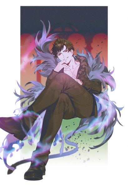 Anime picture 615x900 with granblue fantasy belial (granblue fantasy) osoma single tall image looking at viewer fringe short hair black hair smile red eyes sitting full body head tilt grin crossed legs border outside border hand to mouth boy